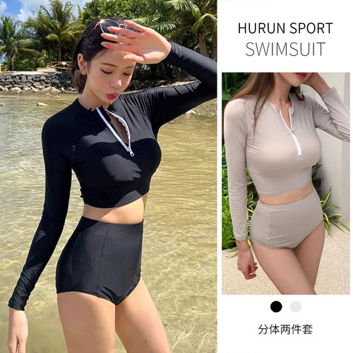 Korean Version New Split Diving Suit Pure Black Sunscreen Jellyfish Top Long Sleeve Shorts Swimsuit Surfing Suit for Women Hot Spring