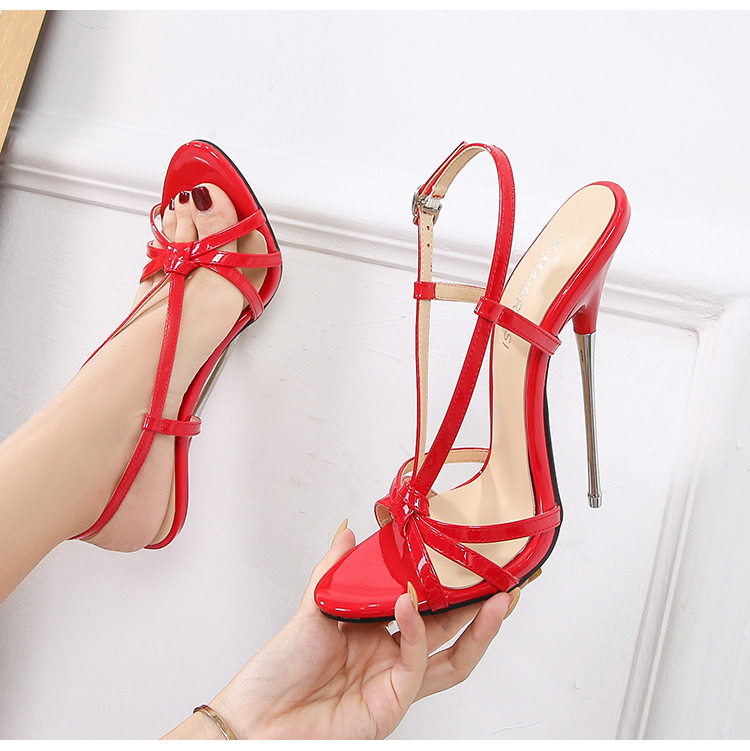 Dép sandal nữ quai ngang gót nhọn kim loại siêu cao, phong cách châu Âu và Mỹ — Màu đen, Màu đỏ, Đỏ đào chi tiết 16