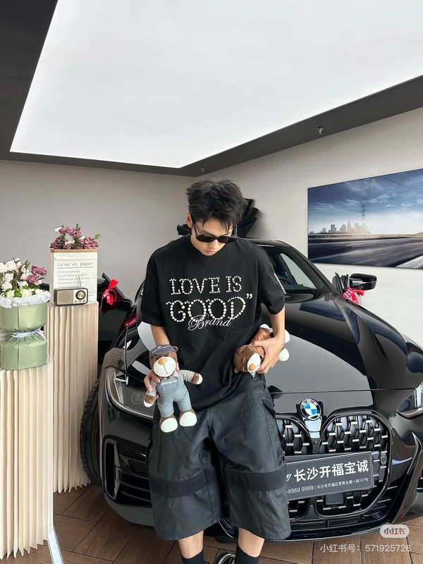 25ss 高品質 GOOD LOVE パールスローガン 半袖 ヘビーデューティー ハイウェイト Tシャツ 男女兼用 ラウンドネック|undefined