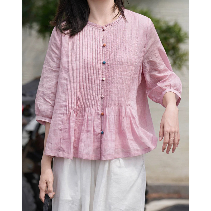 Original Design Ramie Dyed Loose-Fitting Top, New Style, Tummy-Concealing Summer Wear, Heavy-Duty Pleated, Lightweight Artistic Blouse