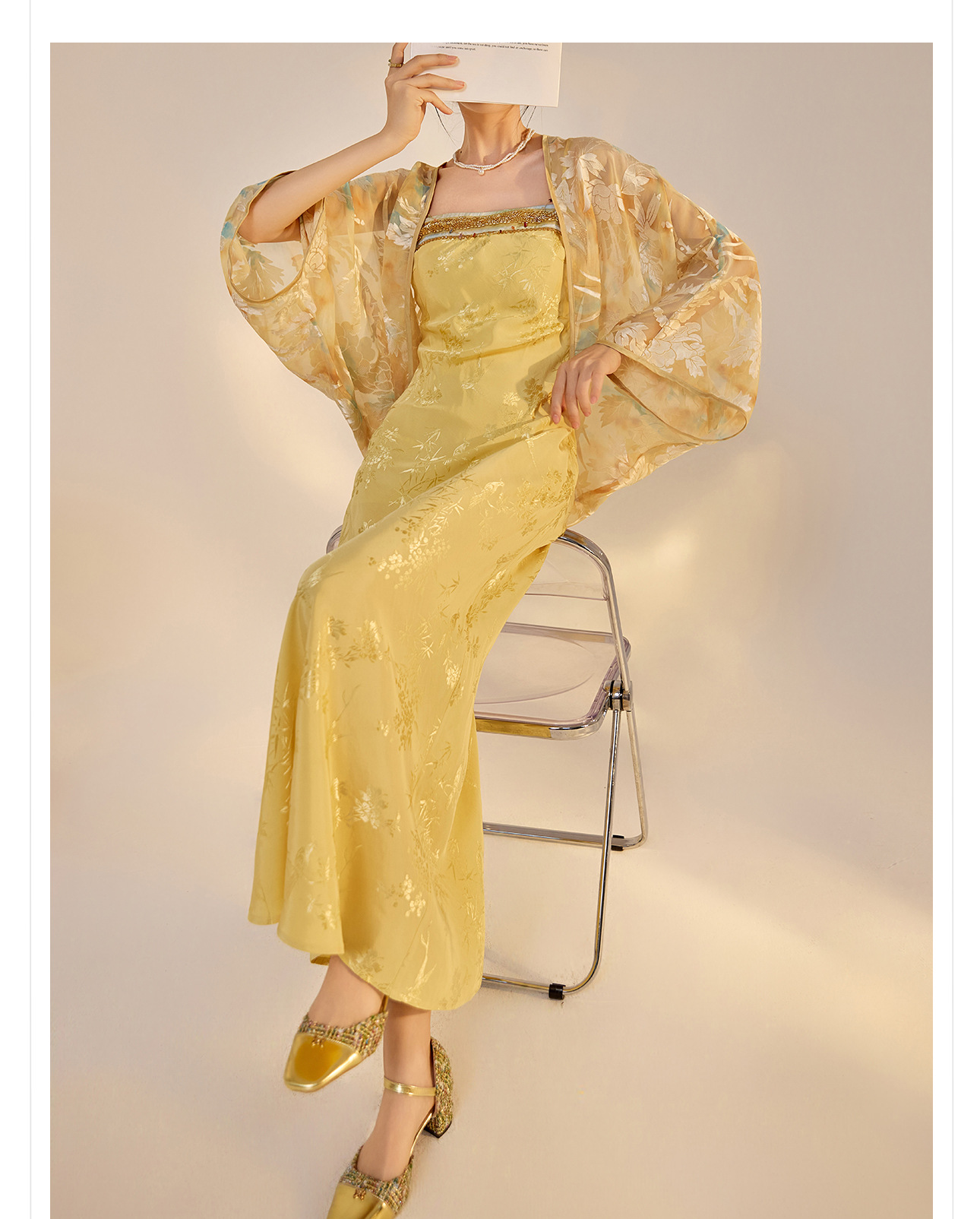 Bộ áo khoác cardigan thêu và váy hai dây phong cách retro mùa hè — Áo vàng chanh, Váy hai dây chi tiết 15