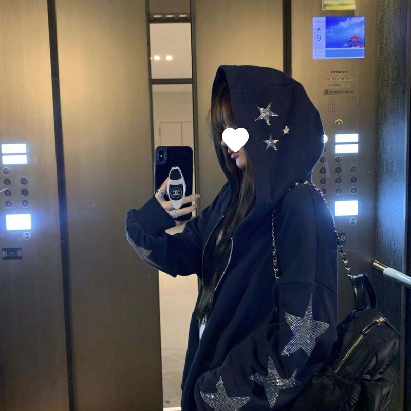 American-style hot girl rhinestone star hooded sweatshirt for women, autumn and winter thin loose-fitting zippered black cardigan jacket