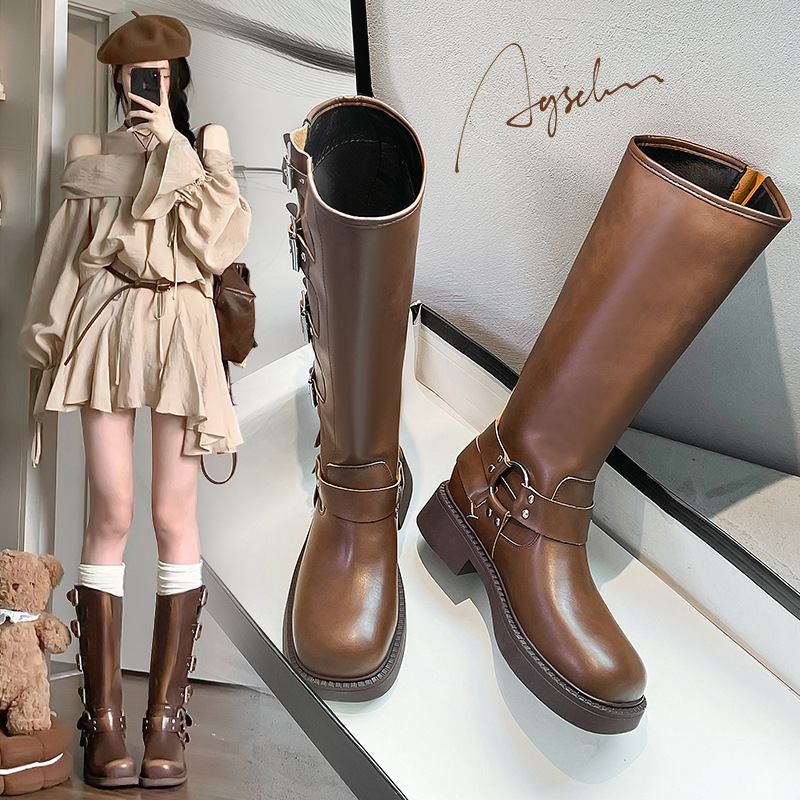 Botas largas Augu Shiden para mujer, nueva colección otoño-invierno 2025, estilo vaquero occidental, retro, moda británica, botas de motociclista.