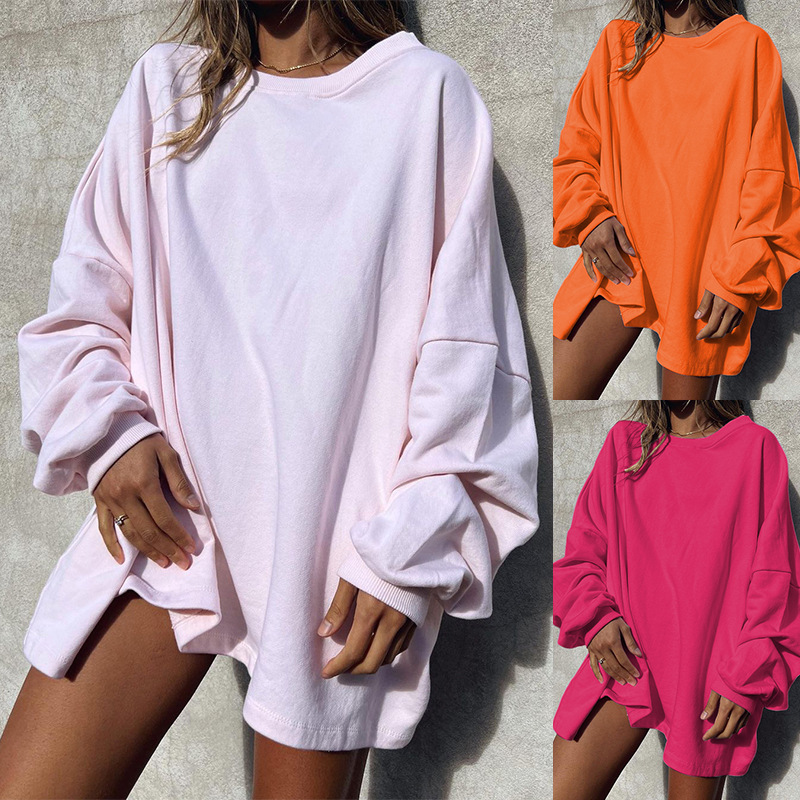 FD1387 In Stock 2024 Spring New Arrival Cross-Border Women's Fashion Casual Solid Color Round Neck Mid-Length Sweatshirt