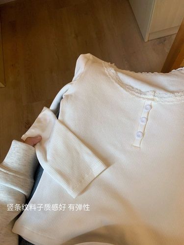 250g Comfort Fleece Lace Splice Button Round Neck T-shirt for Women Long Sleeve Slim Top