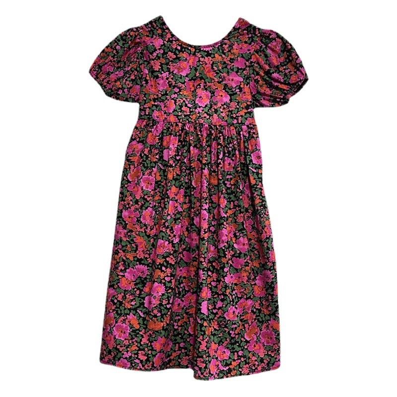 Falda floral para niñas 2024 verano nuevo estilo de algodón puro para niños con espalda abierta vestido de niña de manga corta falda de princesa coreana