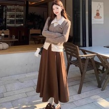 美拉德假两件翻领长袖毛衣高腰半身长裙2025春季新款时尚两件套女