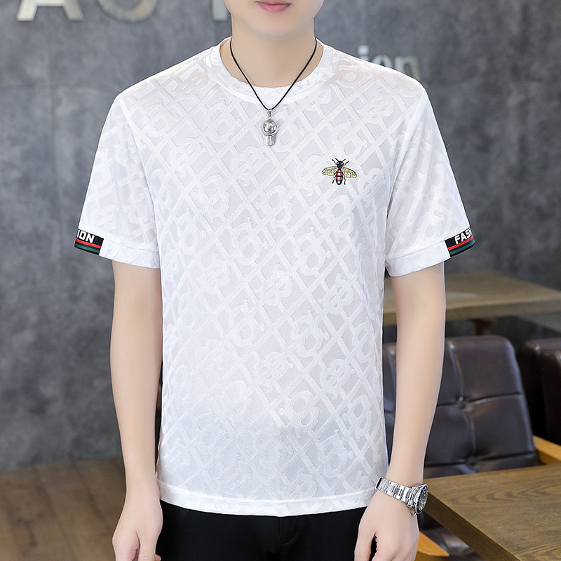 2025 Summer Thin Ice Silk Short-sleeved T-shirt Men's Trendy Bee Embroidered Knitted Half-sleeved Summer Top High-end Men's 2025 Summer Thin Ice Silk Short-sleeved T-shirt Men's Trendy Bee Embroidered Knitted Half-sleeved Summer Top High-end Men's