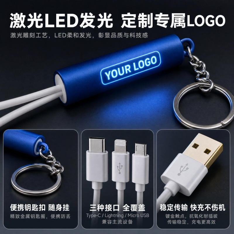 跨境发光logo一拖三充电线i钥匙扣手机充电线多合一适用于华为