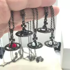 Vivienne Westwood Embossed 3D Orb Planet Medium Gun Black Engraved Transparent Ball Saturn Choker Necklace for Women