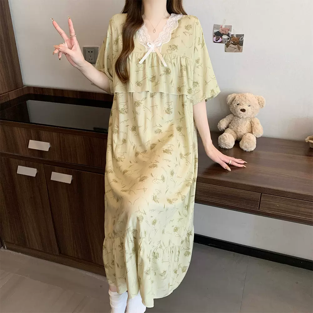 短袖睡裙女春夏绵绸防凸点睡衣棉绸高级感甜美冰感棉绸睡衣裙大码