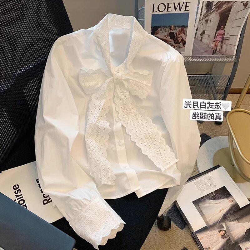 (Cotton) White Lace-Trimmed Bowknot Base Shirt for Women, New Early Spring Shirt for Layering and Wearing Underneath