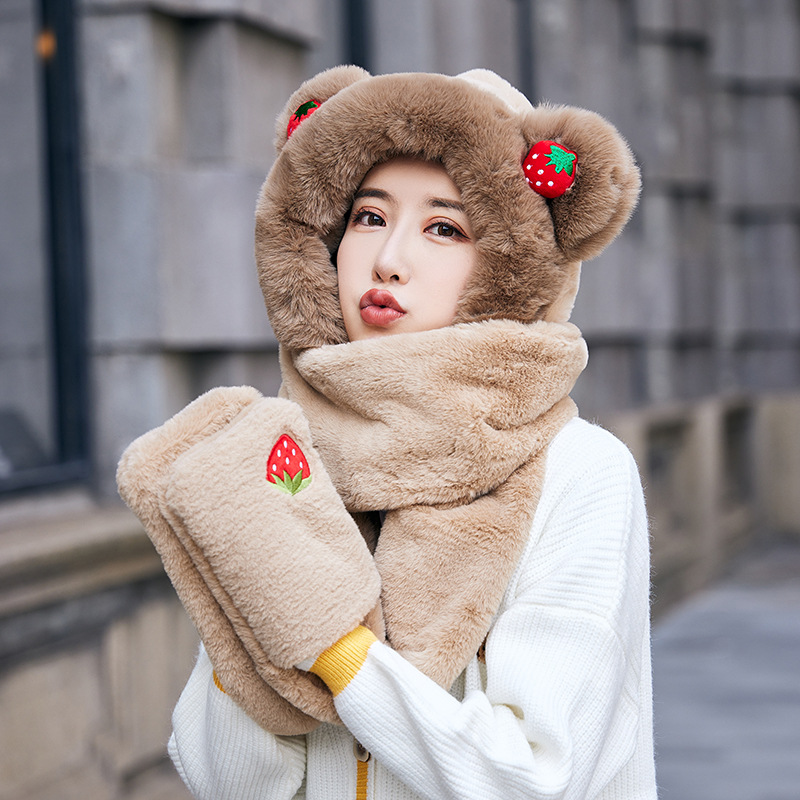 Winter New Hat Scarf Three-piece Set Thickened Plush Gloves One Fashion All-match Cute Outer Scarf