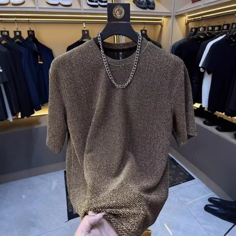 T-shirt texturé uni pour homme, manches courtes, coupe ample, épais, style américain tendance_voghion.com