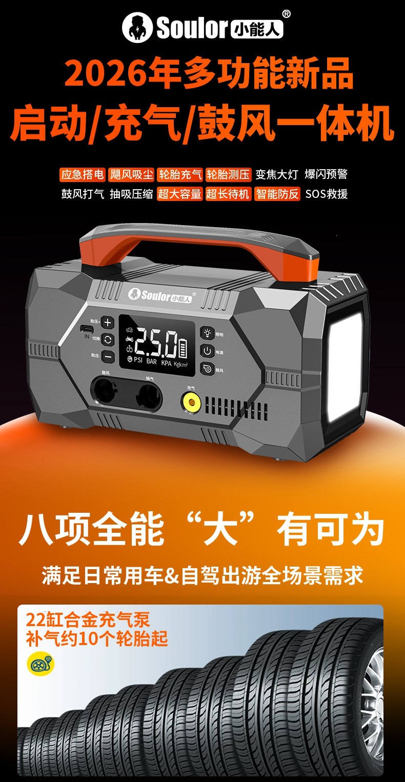 Multifunctional Car Emergency Jump Starter, Air Pump, Blower, Air Extractor, Battery Booster, and Ignition Tool