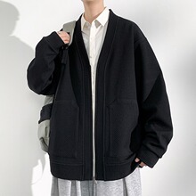 慵懒风毛呢开衫外套男春秋季穿搭高级少年感无帽卫衣v领美式夹克