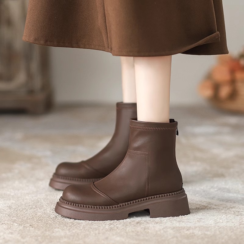 Elastic Slim For Women 2024 New Spring And Autumn Versatile Warm Brown Short Thick Soled Martin Boots British Style_voghion.com