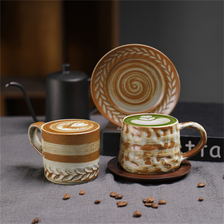 Ceramic Coffee Cup Set Wabi-sabi Style Japanese Embossed Ceramic_voghion.com