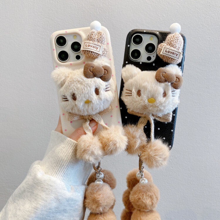 Leather Texture Suitable for Apple 16Pro Phone Case, iPhone 13/14 Anti-Drop, Apple 17 Plush Hat Kt Design