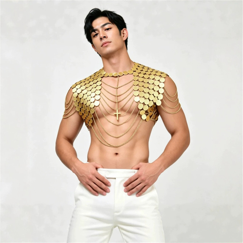 European and American men's multi-layer PU leather vest with metal chains and cross decorations for stage performances and nightclub wear European and American men's multi-layer PU leather vest with metal chains and cross decorations for stage performances and nightclub wear