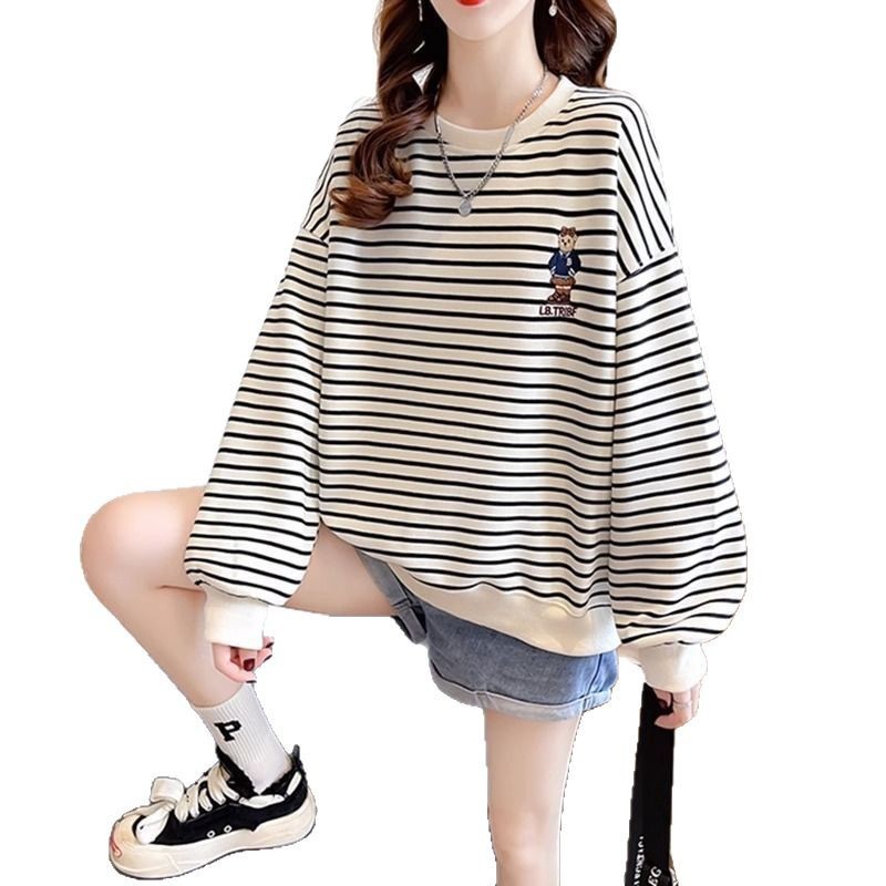 2025春秋ストライプスウェットシャツ女の子新スタイル中学生・高校生ゆったり長袖Tシャツフードなしトップス|undefined