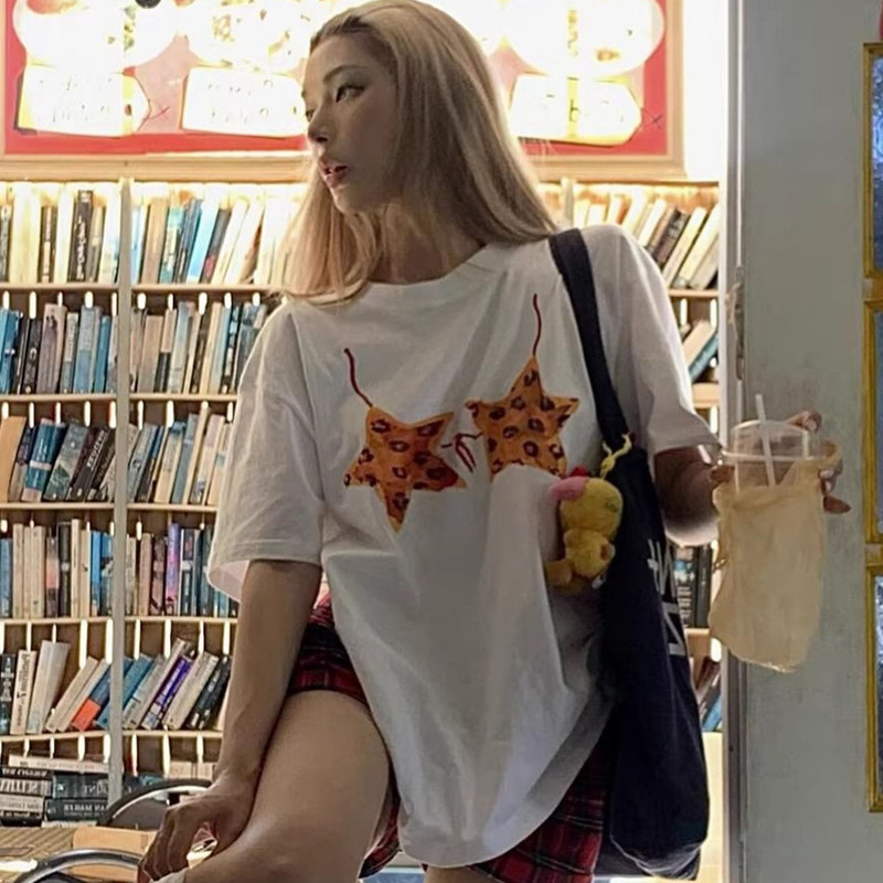 Cross-Border Foreign Trade Summer Pure Cotton Short-Sleeved T-Shirt Women's Trendy Brand Printed Loose Casual Bottoming Shirt Women's New Top