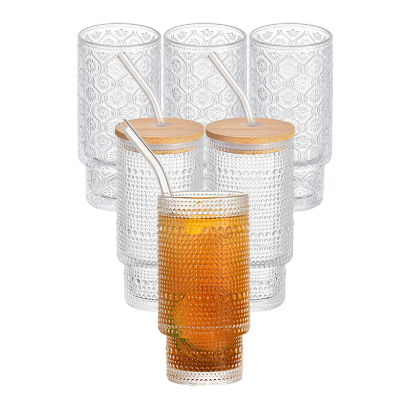 Nuevo tipo de taza de cristal de begonia con cubierta de bambú taza de paja retro relieve taza de extracción fría taza de café de cristal laminado