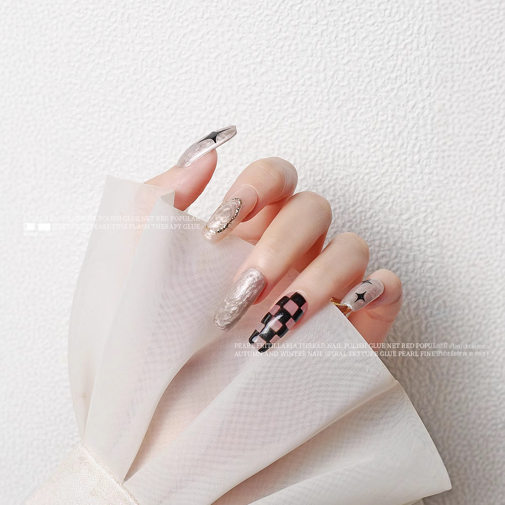 Nueva celebridad de Internet Otoño e Invierno color pegamento de concha de hilo de perlas Net Red Pearl textura fritillary esmalte de uñas pegamento manicura 2021