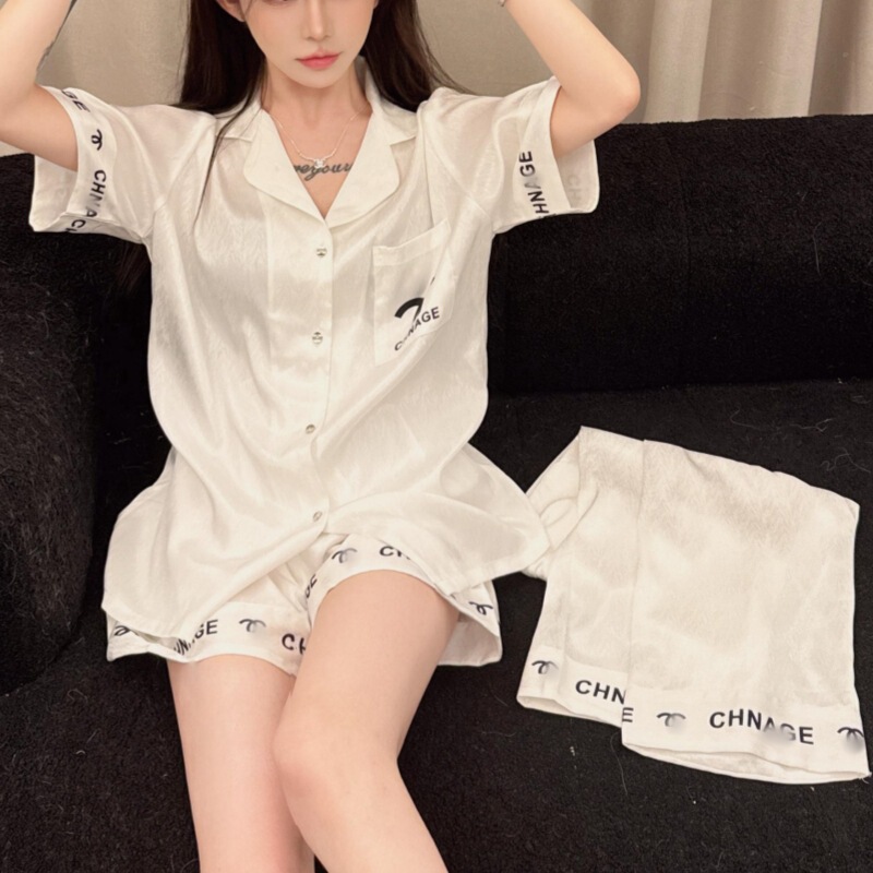 Luxury Alphabet Pajamas Women's Summer Snow Silk Three-Piece Short-Sleeved Shorts Ice Silk Sexy Elegant Home Clothes