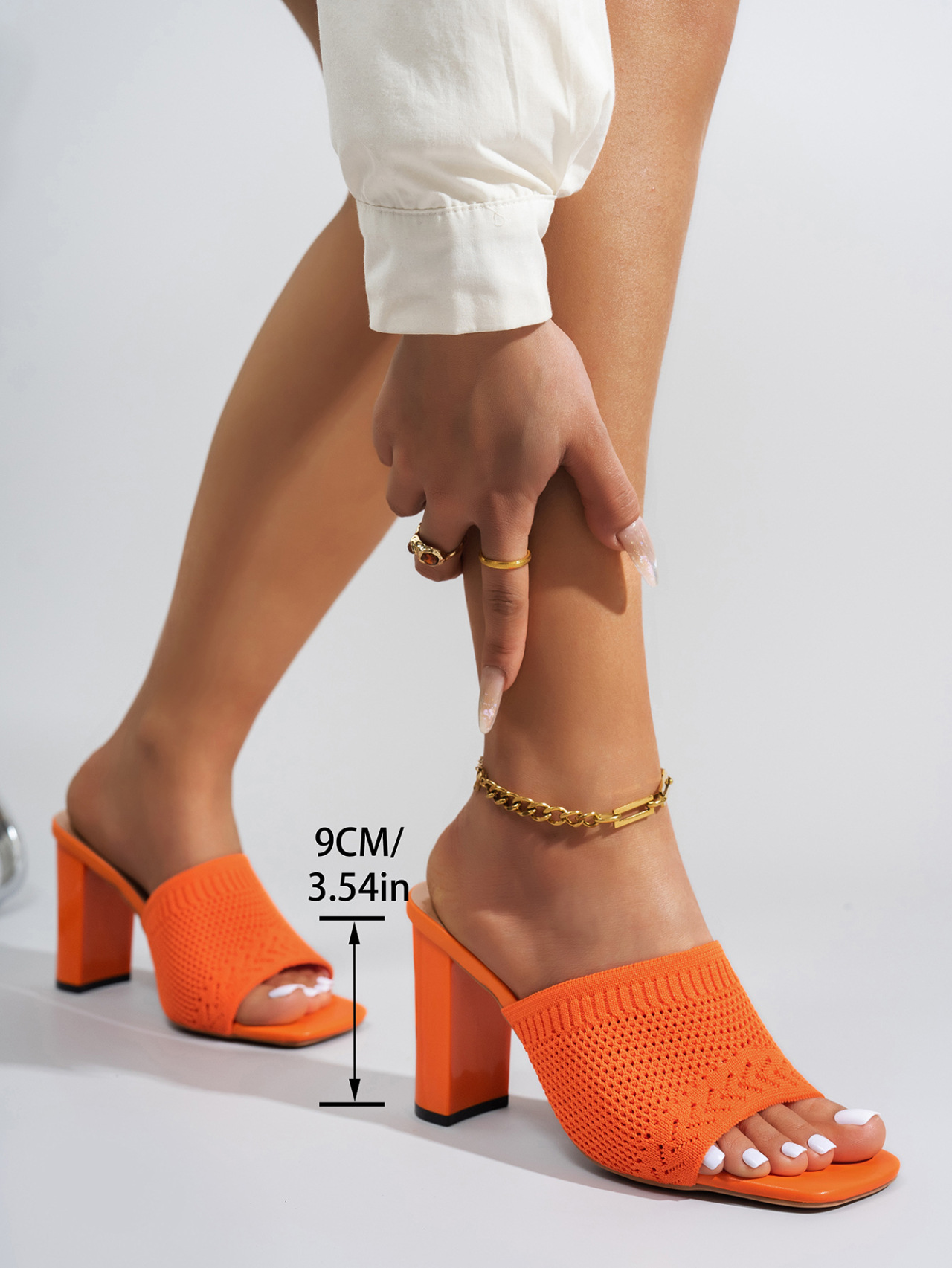 Women's Square Toe Flyknit High Heeled Sandals Chunky Heel Slippers_voghion.com