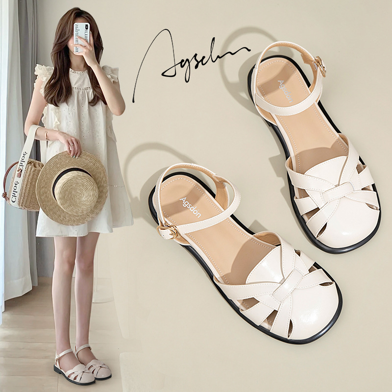 Sandalias planas Augu Shiden para mujer, novedad de verano 2026, sandalias romanas tejidas con punta cerrada y tacón grueso, zapatos de playa a la moda