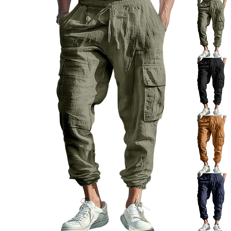 Cross-Border Amazon Spring and Autumn Linen Men's Casual Jogger Pants with Multiple Pockets and Drawstring Solid Color Loose Cargo Pants