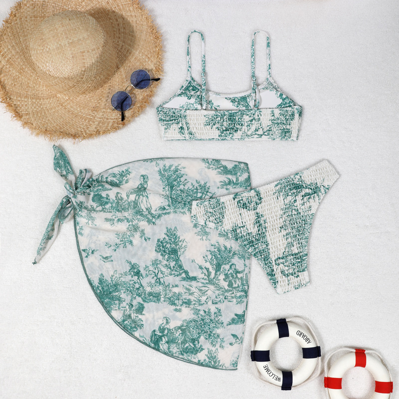 Women's Split Bikini Three-piece Swimsuit Floral Beach Wrap Set_voghion.com