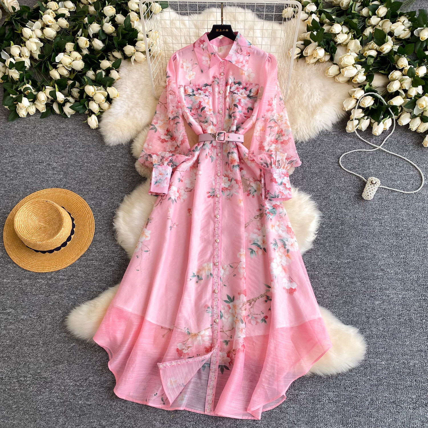 Women's French Style Printed Dress Fitted Openwork Long Sleeves Lapel Collar Tie Waist A-Line Long Skirt for Commuting_ecoleips.com