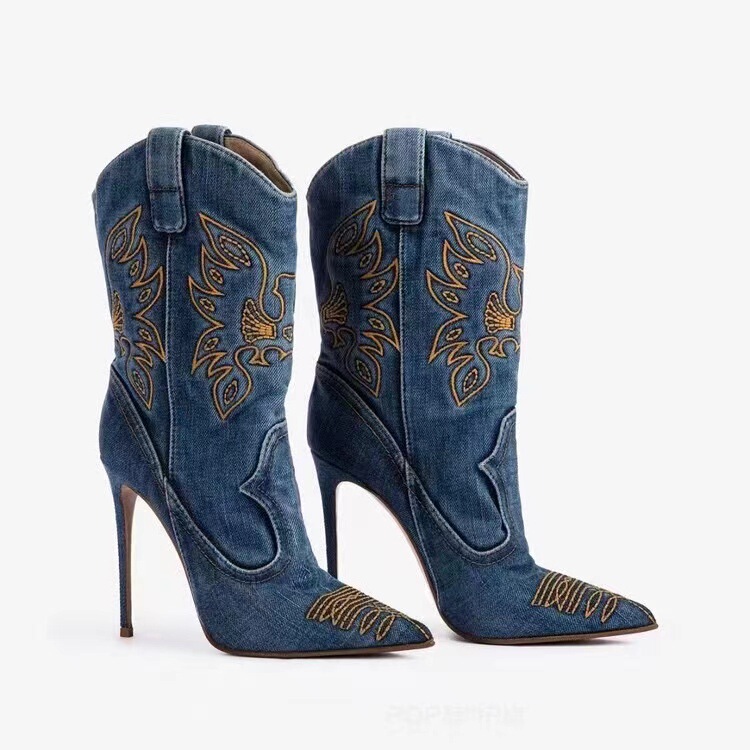 Foreign Trade Cross-border Western Denim Style High Heel Boots Pointed High Heel Embroidered Short Tube Fine Sexy Knight Boots Fashion Boots for Women