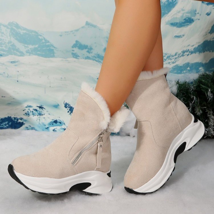 New round head with velvet warm side zipper low cylinder flat casual student women's snow boots_voghion.com
