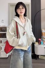 爆款韩版条纹拉链显瘦秋冬外套设计感连帽加绒加厚卫衣女宽松ins