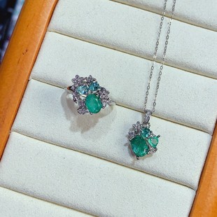 New natural emerald suit S925 silver inlaid main stone 6*8mm Joker net red explosions women's jewelry wholesale