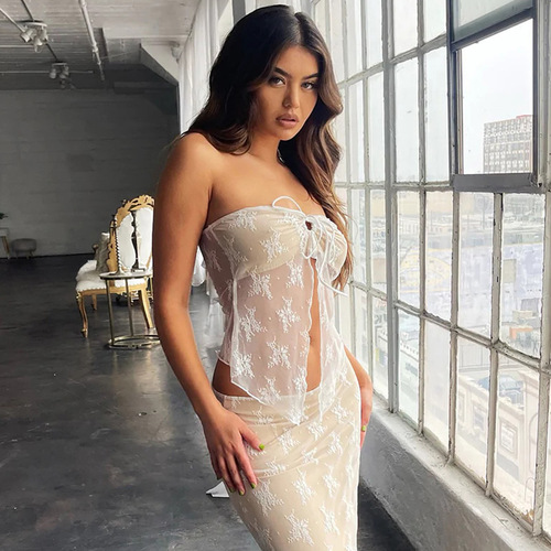 XY22169 lace tube top see-through cardigan top  spring new fashion sexy hot girl short vest