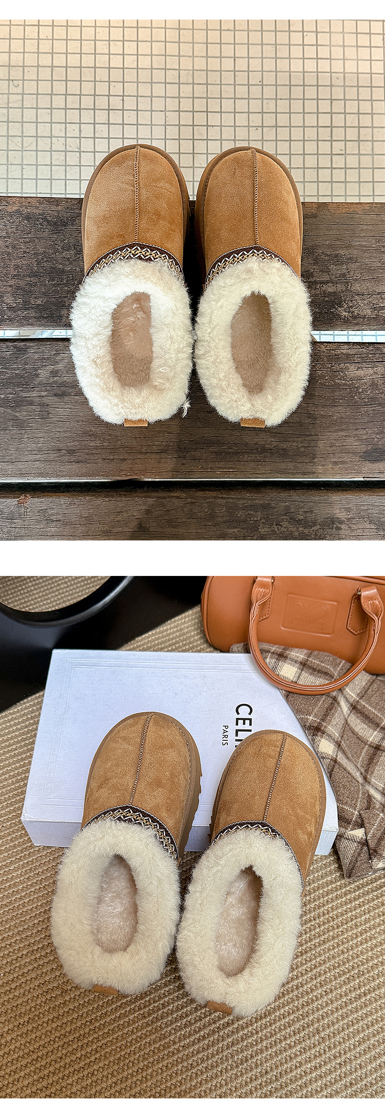 Giày bốt tuyết đế dày nữ mũi tròn lót lông cừu ấm áp kiểu dép nửa Birkenstock — con lạc đà chi tiết 8