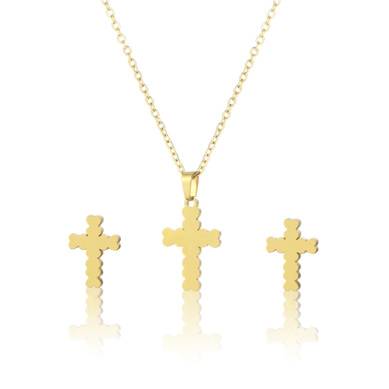 fashion simple stainless steel cross necklace earrings set