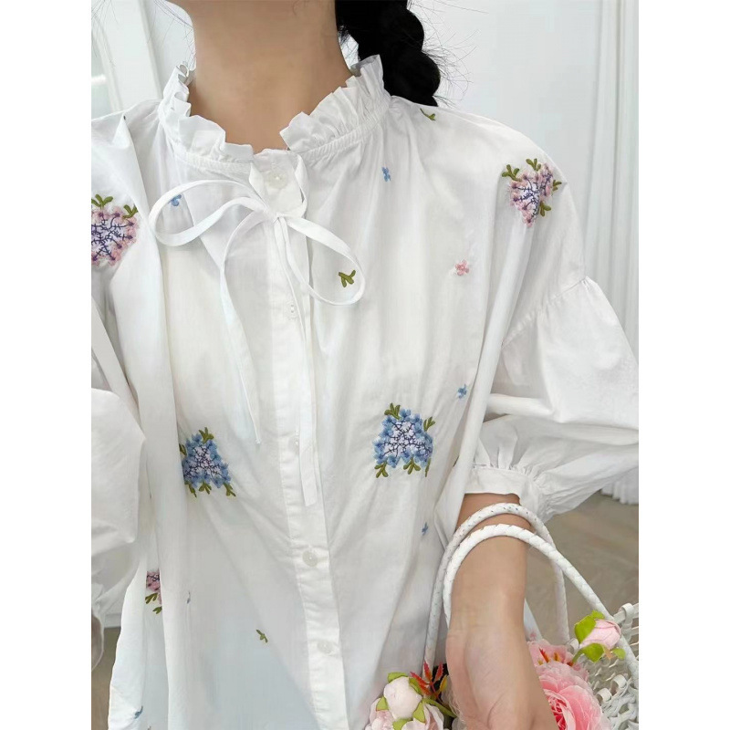 Japanese-Style Embroidered Floral Short-Sleeve Shirt, Youthful Sweet Lace-Up Collar, Single-Breasted Versatile Loose Top for Women