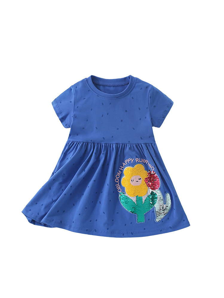 Malwee falda de niña de verano nuevo estilo europeo y americano niño de cuello redondo de manga corta vestido de niña de estilo extranjero