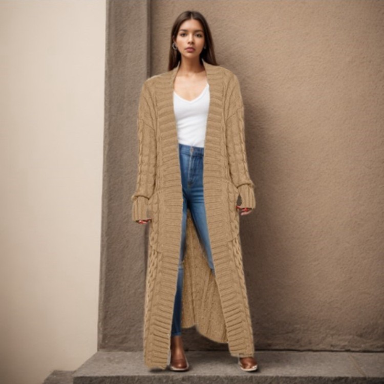 Damen-Strickjacke mit langen Ärmeln, einfarbig, langer Pullover, dicker Mantel_voghion.com
