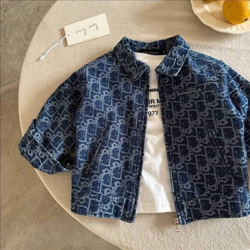 Children's Jacket 2026 Autumn Korean Version New Product Boys and Girls Jacquard Denim Zipper Jacket Baby Casual Turn-down Collar Coat