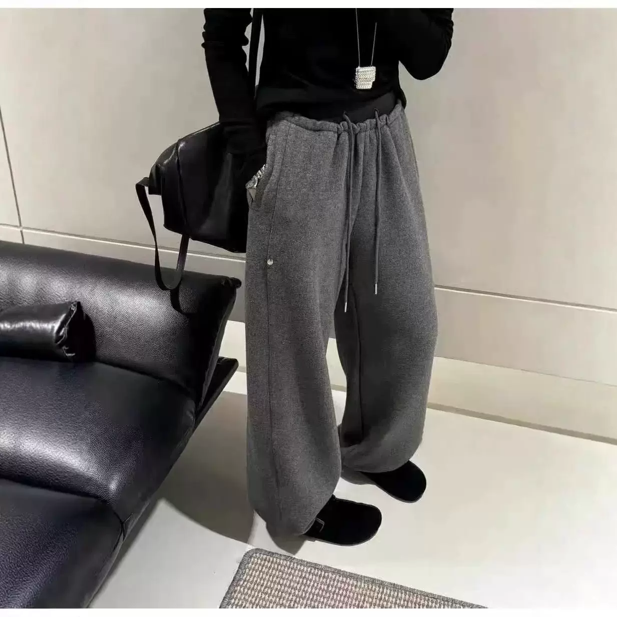 爆款仿羊绒2025秋装新款韩版百搭撞色直筒休闲裤女束脚卫裤5154