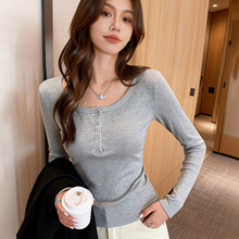 圆领针织纽扣长袖t恤女秋季内搭弹力修身上衣洋气百搭打底衫批发