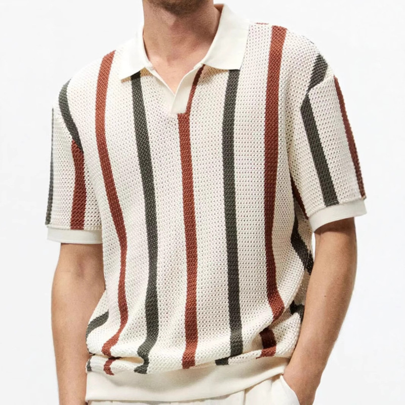 Men's Short-Sleeved T-Shirt Summer Simple Designer Geometric Color-Blocked Stripesd Round Neck Knitwear Light Mature Style Top