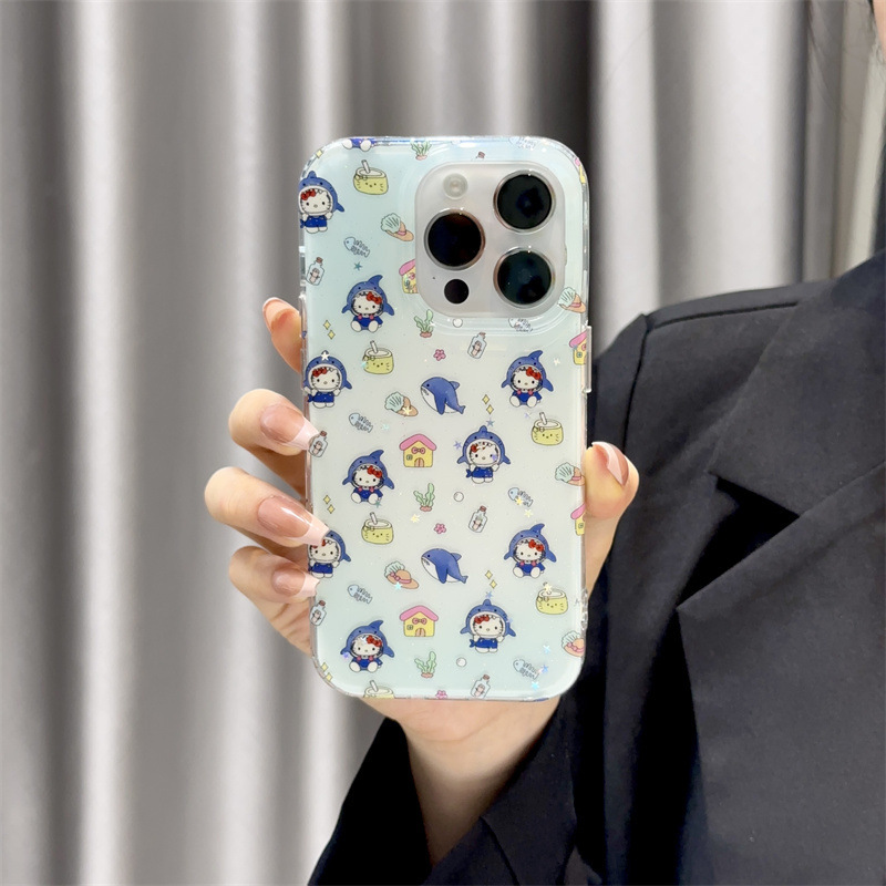 フルスクリーンサメヘッドギアキティチェーン iPhone16 Apple 15ProMax/14 携帯電話ケース 13 女の子に適しています|undefined