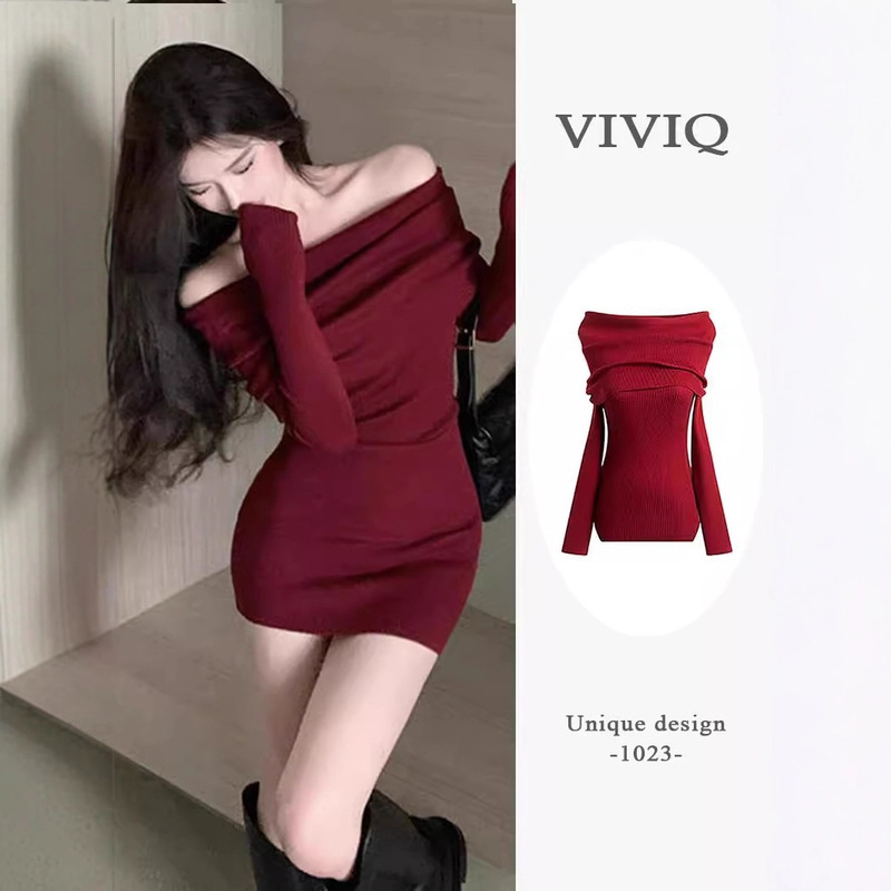 French-Style Spicy Girl Off-Shoulder Dress for Women, New Autumn and Winter Slim-Fit Bodycon Short Dress with a Hip-Hugging Design